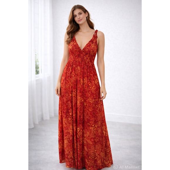 Patrons of Peace Pants - Patrons of Peace Red Berry Floral Smocked Wide Leg Jumpsuit Small Boho NWT